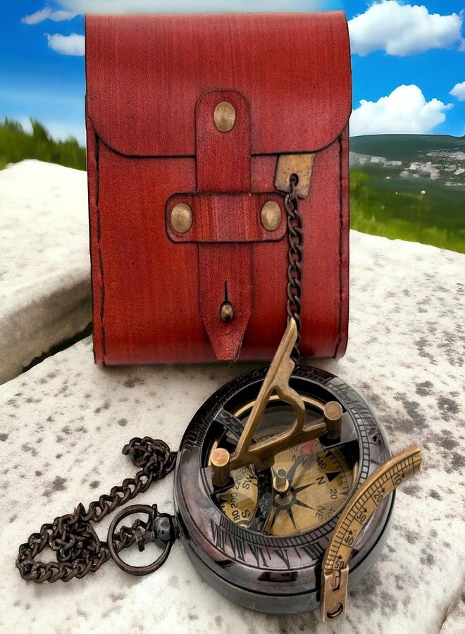 BAZROSS Handcrafted Vintage Brass Sundial Compass - Antique Nautical Sun Clock with Leather Case - Engraved Collectible Brass Compass Gift for Men - Christmas & Holiday Collection Gift - Image 5